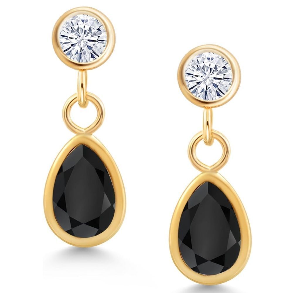 14K Yellow Gold with 0.96 Cttw Black Onyx and White Moissanite Post Earrings - Picture 1 of 4